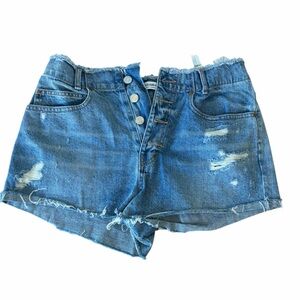 Pull&Bear Blue Frayed Denim Shorts Size 28 | Distressed High Rise Button Fly Cut